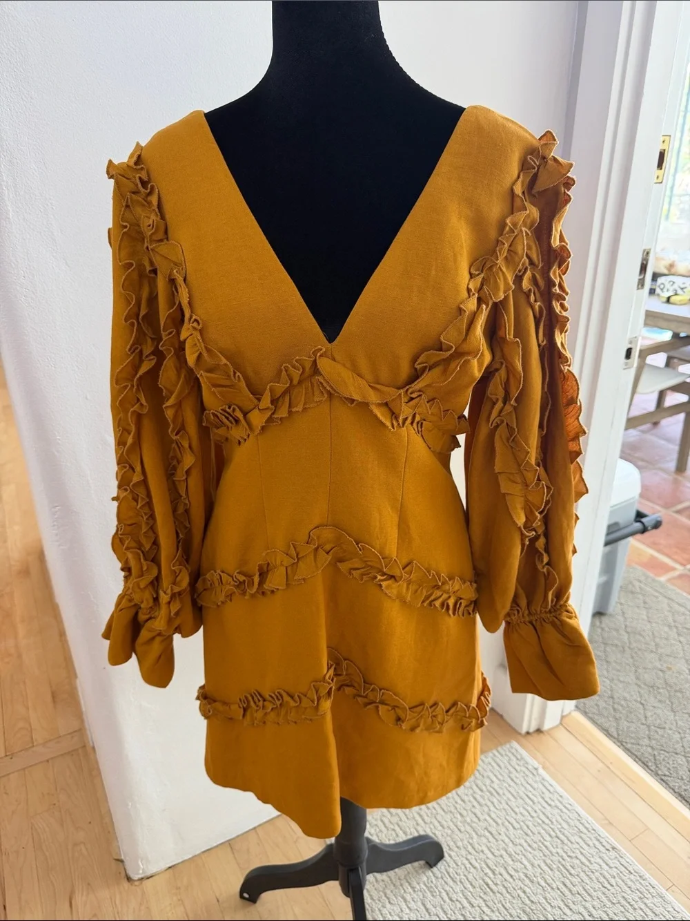 C/MEO Collective Mustard Ruffle V‑Neck Mini Dress